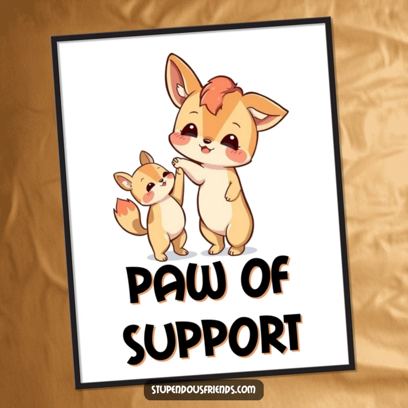 Funny digital art print of an animal character extending a paw to help another up, symbolizing friendship and support.