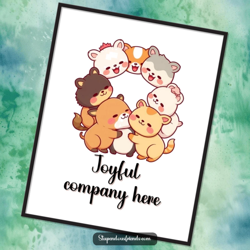 Funny Kawaii animals forming a laughing circle on a vibrant digital art print, a humorous and joyful piece for instant wall decor gifting.