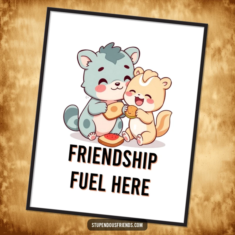 Funny Animal Digital Art Print of characters sharing food with joy, celebrating friendship and generosity in a humorous and heartwarming style.