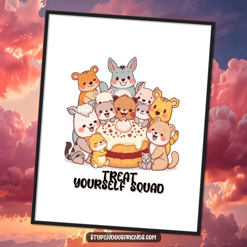 Funny Digital Art: A diverse group of animal characters happily gathered together, sharing a giant, delicious-looking treat.