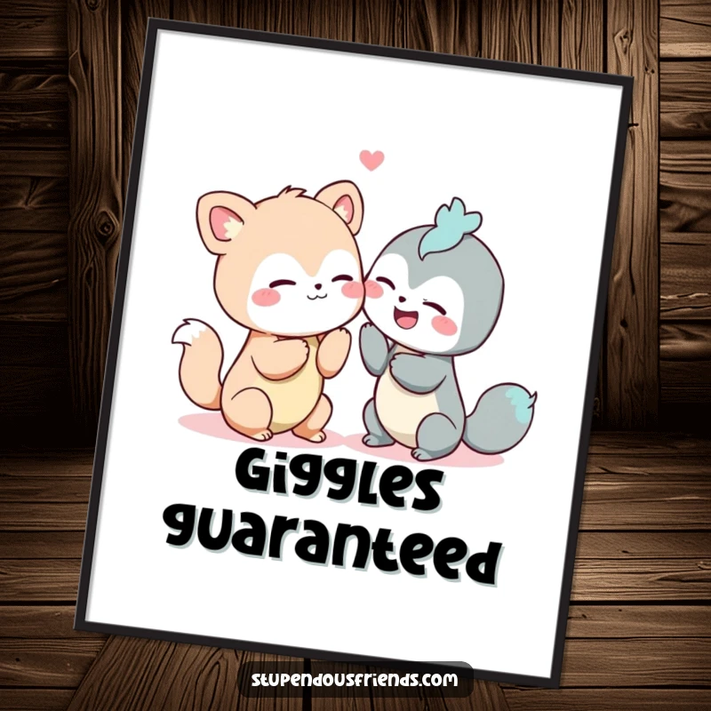 Funny digital art print of two animals whispering secrets and giggling, bringing instant joy and humor.