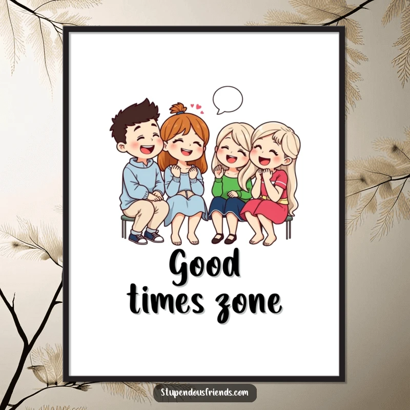 Funny digital art print of a group of friends bursting into laughter while sharing jokes, capturing the essence of camaraderie and humor.