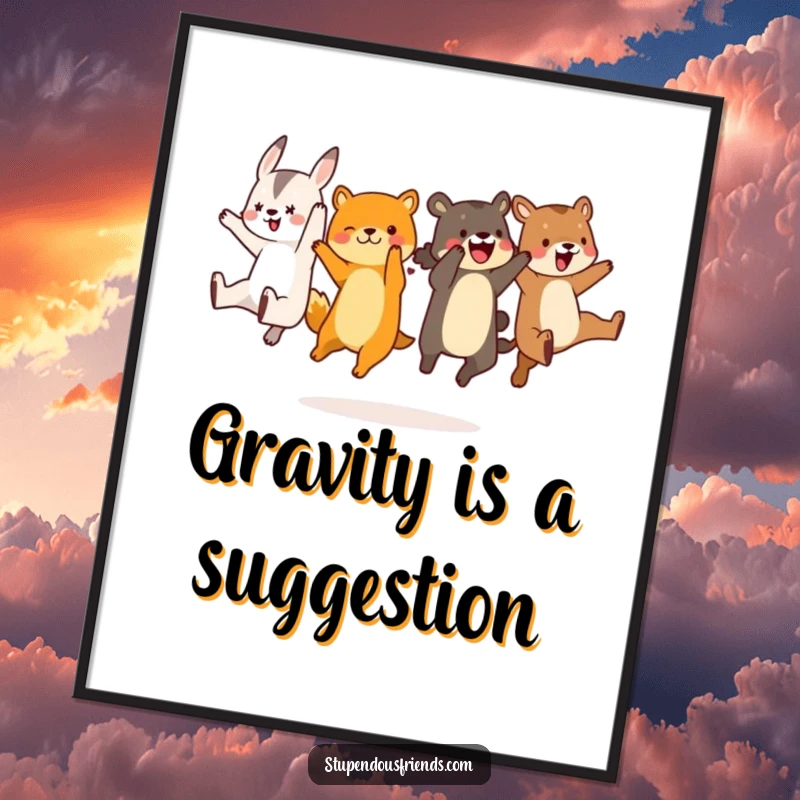 Funny animal characters captured in a hilarious synchronized leap, making a dynamic and joyful digital art print for any wall.