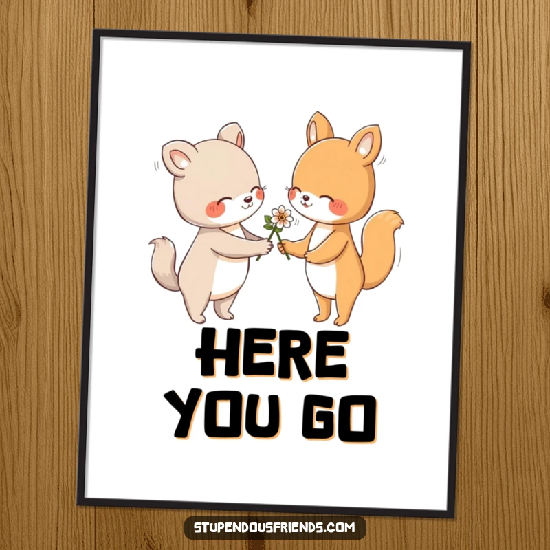 Funny digital art print of an animal character gently handing a flower to another with a friendly gesture, symbolizing kindness and beauty.
