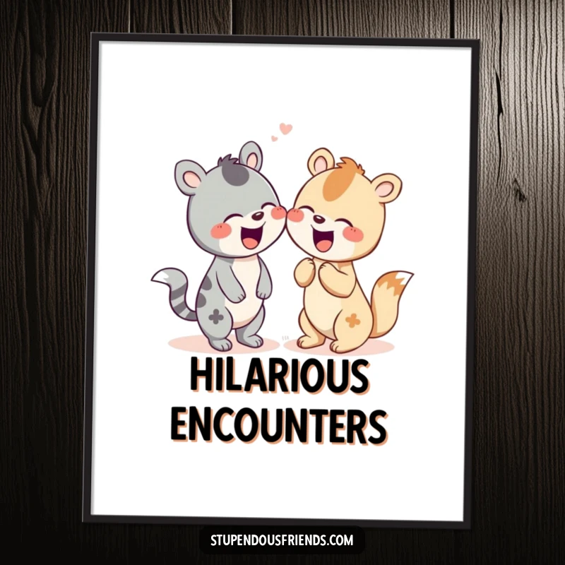 Funny digital art print of two cheerful animal characters sharing a contagious giggle, spreading joy.