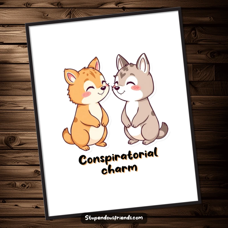 Funny digital art print showing animals leaning in to share secrets with wide, conspiratorial grins.
