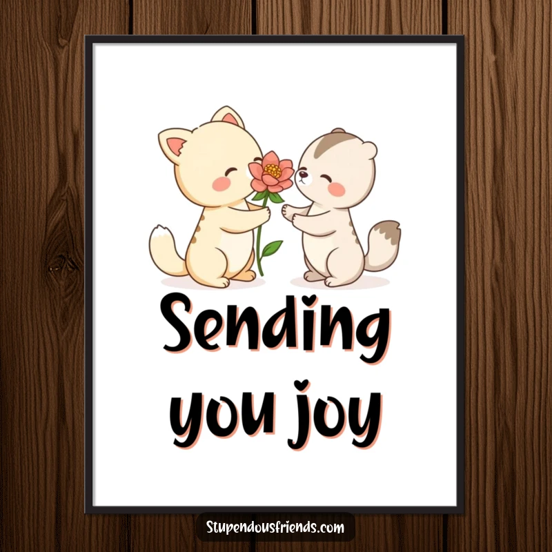 Funny digital art print of an animal character offering a beautiful blooming flower to another, symbolizing kindness for wall decor.