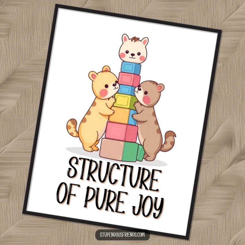Funny Digital Art Print: Two animals building a tall tower of colorful blocks. This funny artwork brings creativity and playfulness.