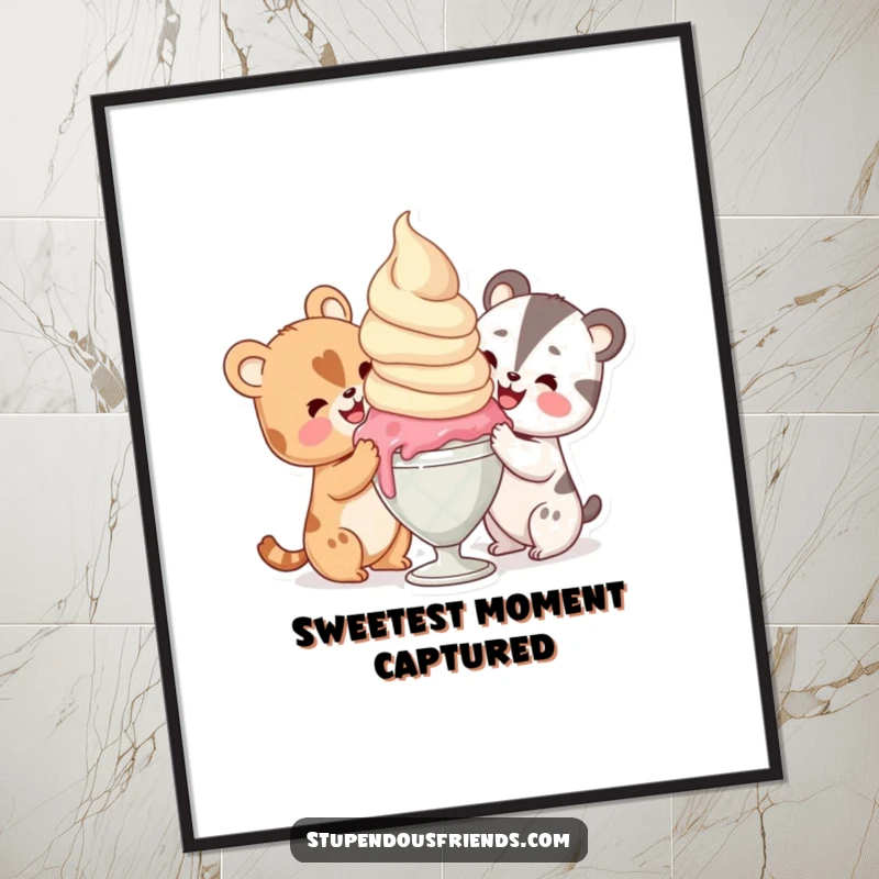 Funny animal characters joyfully sharing an oversized scoop of ice cream, creating a delightful and humorous digital art print.