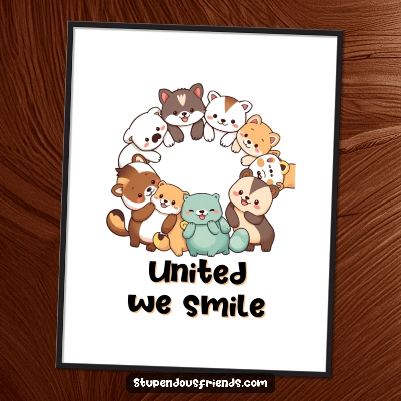 Funny digital art print of a circle of diverse, smiling animal characters holding paws, representing unity and happiness.