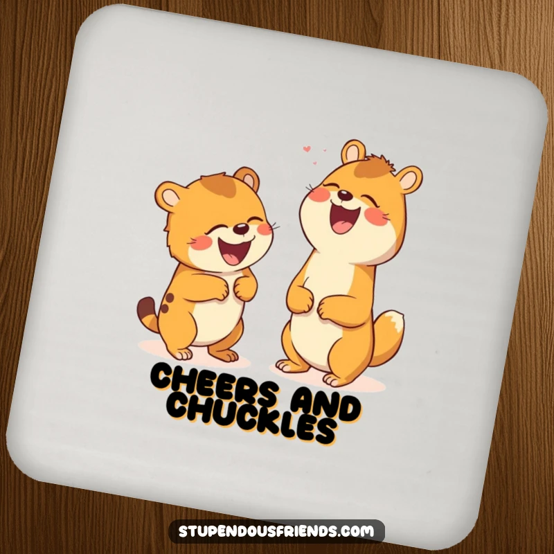 Funny drink coaster depicting two animals laughing uncontrollably from a shared joke, providing surface protection with a humorous and joyful design.