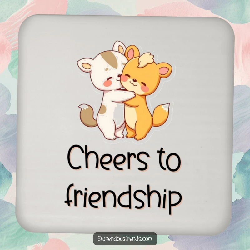 Funny drink coaster featuring two cute animal characters sharing a warm, loving hug.