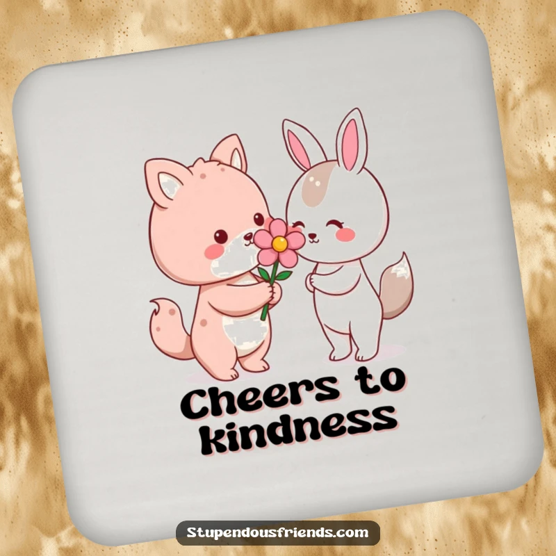 Funny Kawaii animal character offering a flower on protective drink coasters, a humorous and heartwarming housewarming gift.