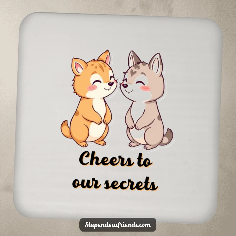 Funny drink coasters with a design of animals whispering secrets with conspiratorial grins, perfect for protecting surfaces.