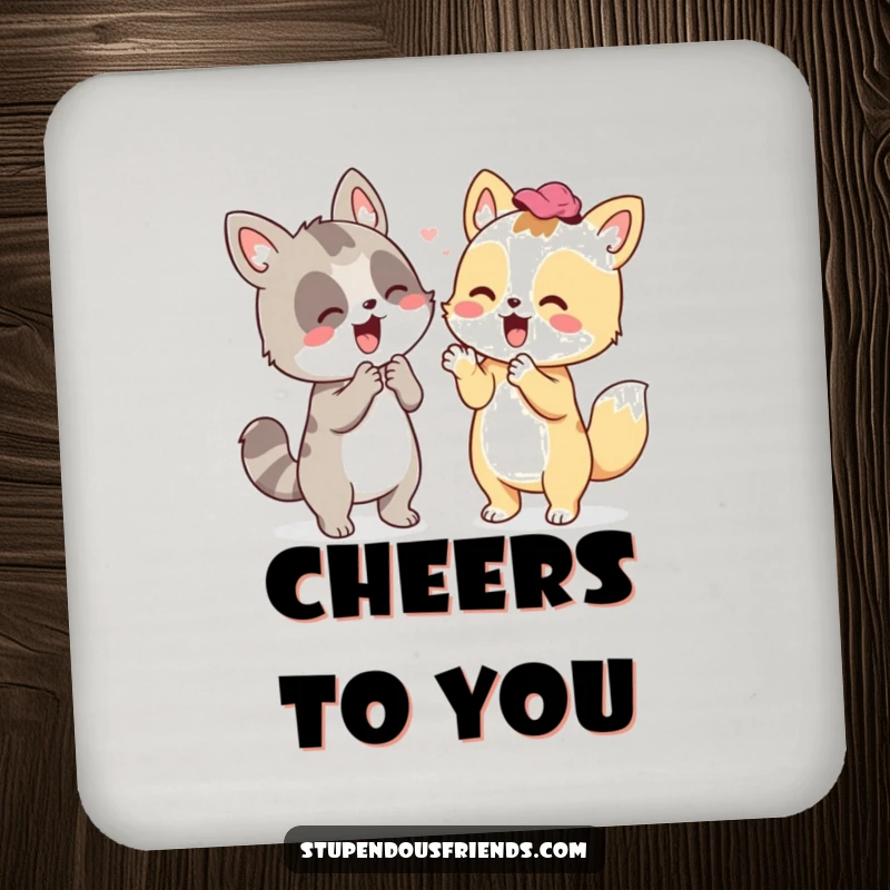 Funny drink coaster depicting an animal companion enthusiastically cheering, providing surface protection with a humorous and motivational design.