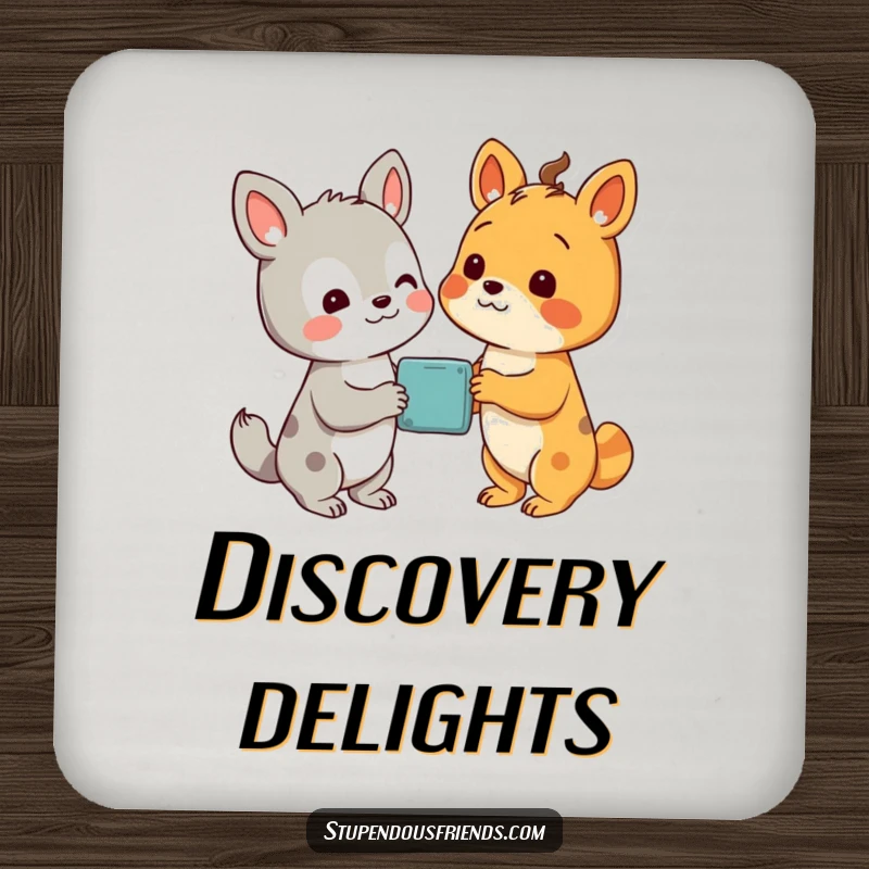 Funny drink coasters showing two animal characters looking with delight at a wondrous discovery, adding humor and curiosity.