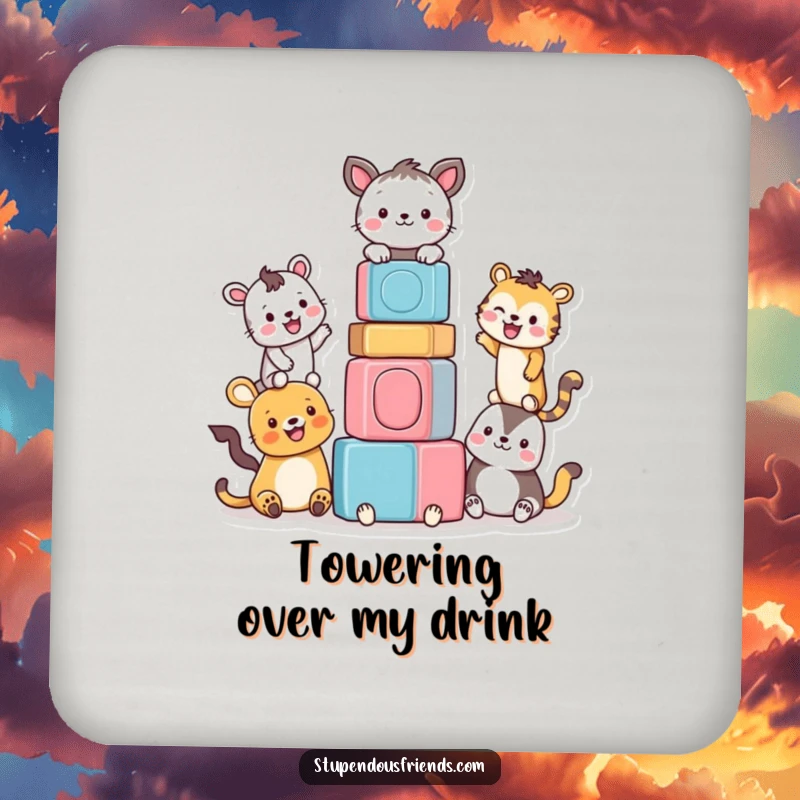 Funny drink coasters with a cute illustration of animals building a colorful block tower, protecting surfaces with style.