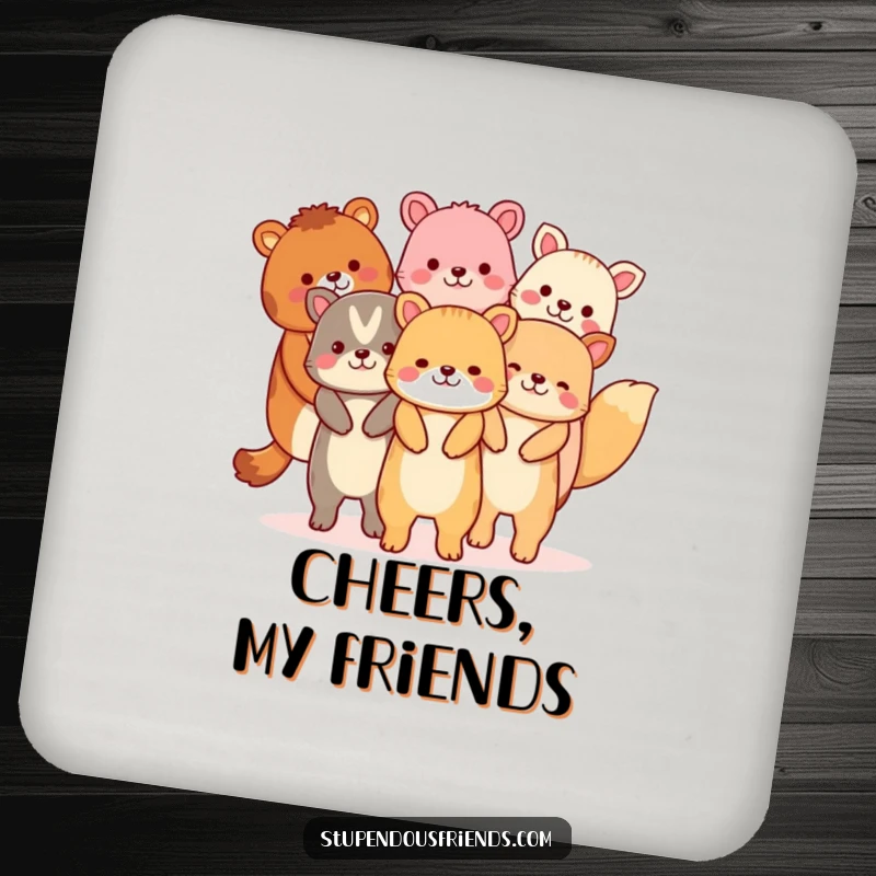 Funny drink coasters featuring a chain of animals holding hands, symbolizing unity and protecting your surfaces.