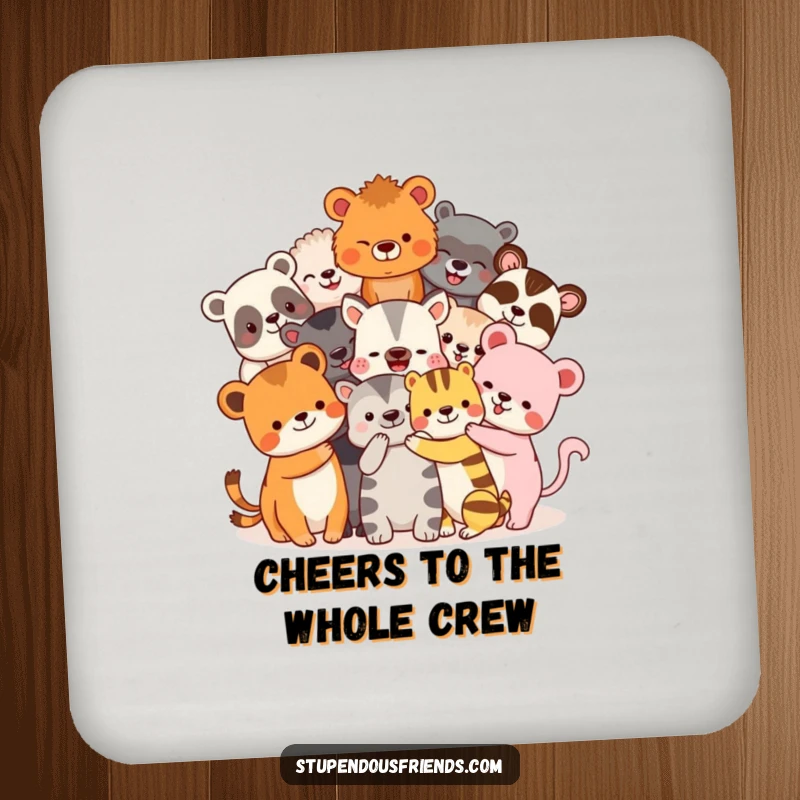 Funny Coasters: Diverse animal friends in a heartwarming, giant hug. This set of funny drink coasters adds charm and protection.