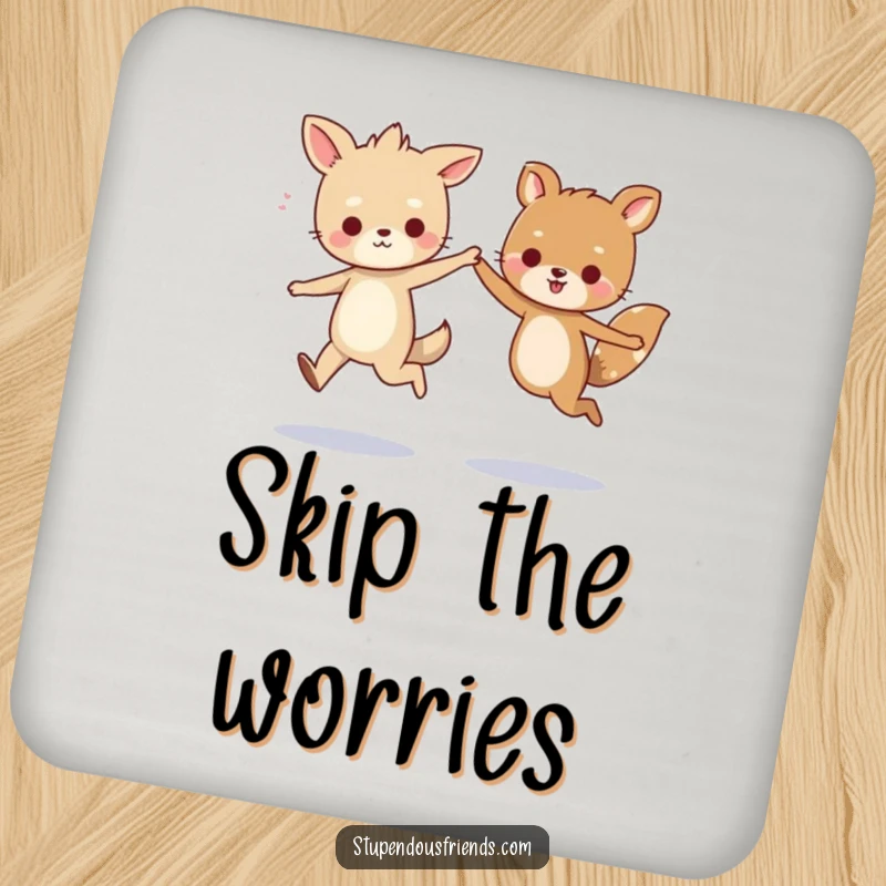 Funny drink coasters illustrating two cartoon animals skipping happily, holding hands, providing a humorous and protective base for beverages.