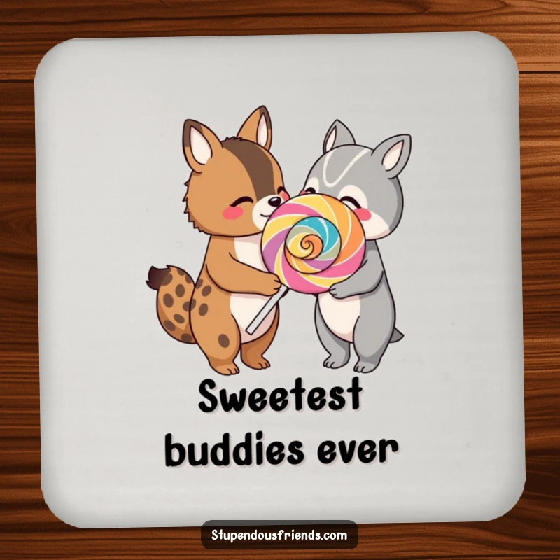 Funny drink coaster showcasing two happy animals sharing a giant, colorful lollipop, perfect for adding a sweet touch to any surface.
