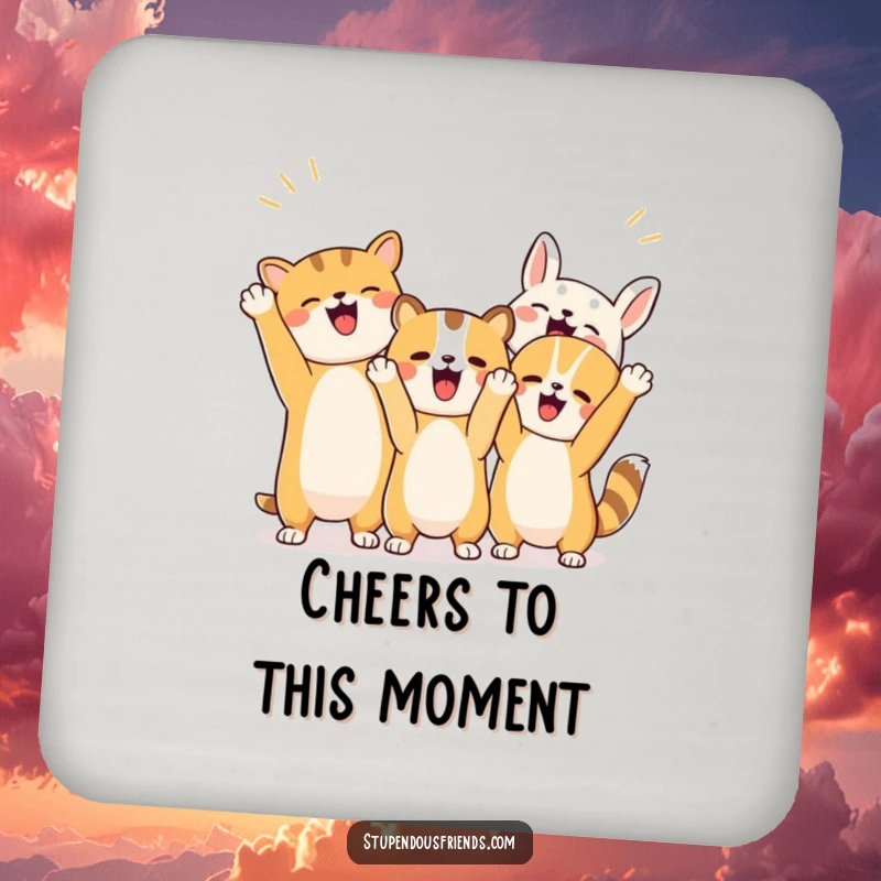 Funny drink coasters with a design of excited animals cheering with raised paws, perfect for parties and gatherings.