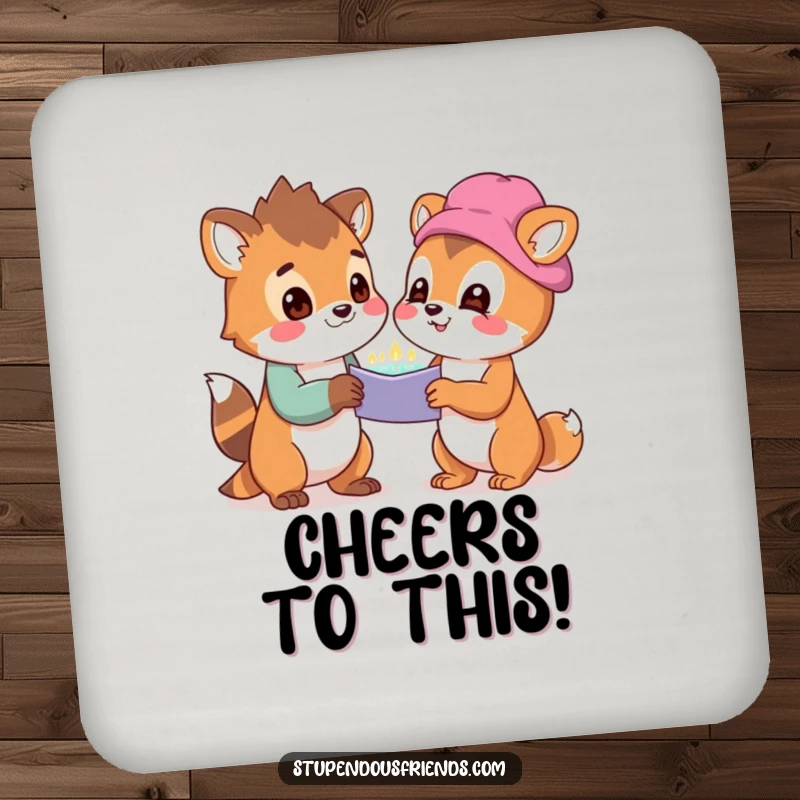 Funny drink coasters featuring two animal characters looking at a shared, wondrous discovery with delight, protecting surfaces with charm.