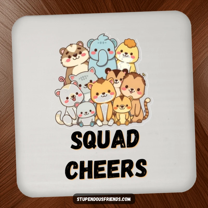 Funny drink coasters with diverse, smiling animal characters in a cozy huddle, promoting unity and adding warmth to surfaces.