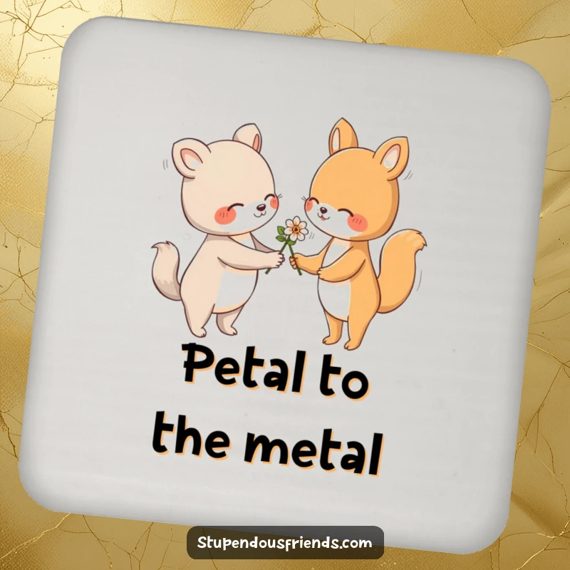 Funny drink coasters featuring an animal character gently handing a flower to another with a friendly gesture, protecting surfaces with charm.