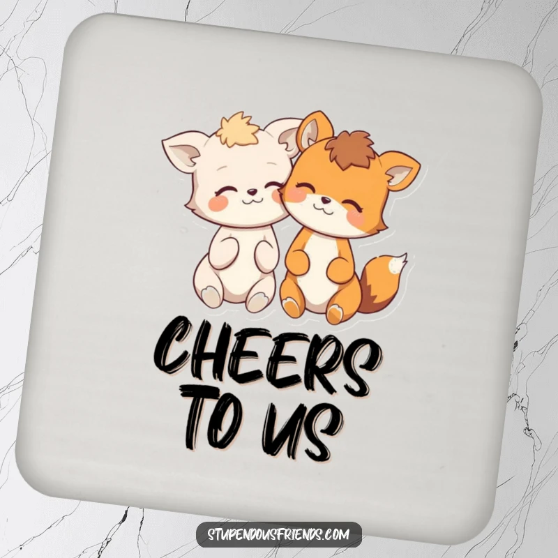 Funny drink coasters with two adorable animals leaning in, sharing a secret and giggling, perfect for parties.