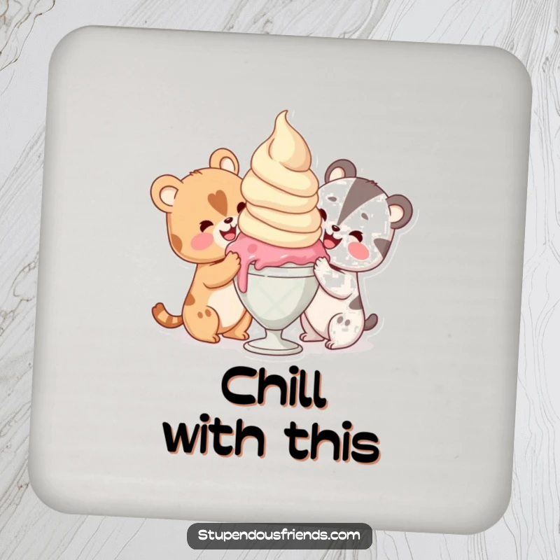 Funny animals sharing a giant scoop of ice cream with happy expressions, ideal for a functional and funny drink coaster.