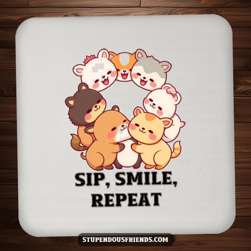 Funny Kawaii animals in a laughing circle on protective drink coasters, a humorous and joyful housewarming gift.