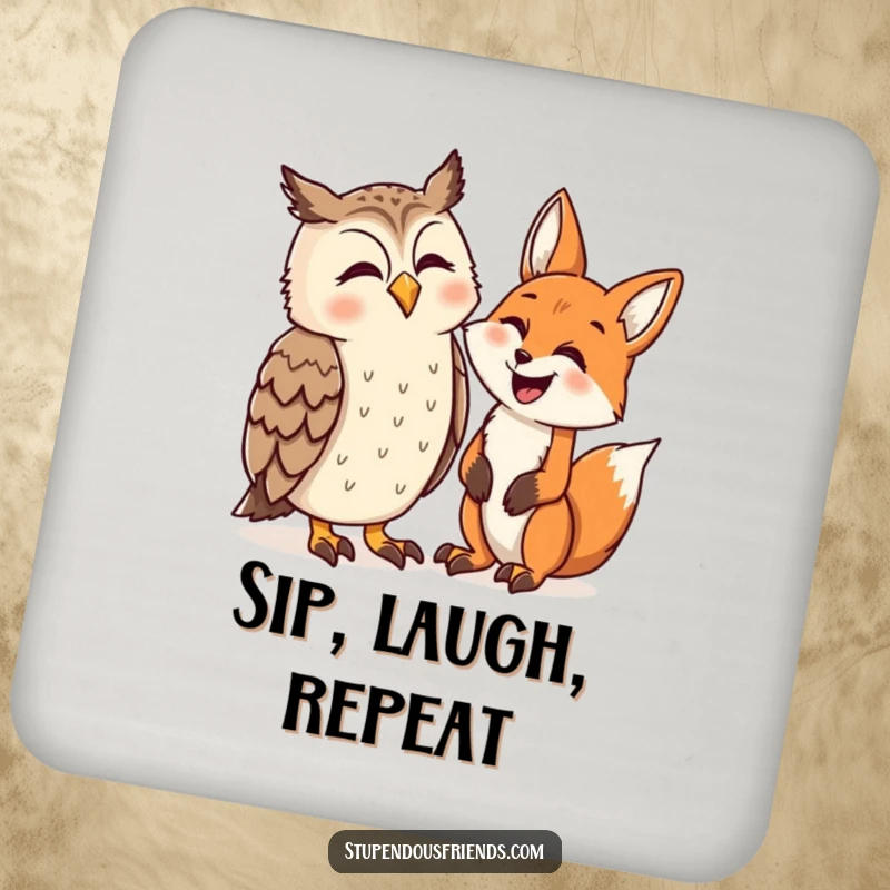 Funny coasters featuring an owl and a fox in a mirthful exchange, adding a humorous touch to drink service.