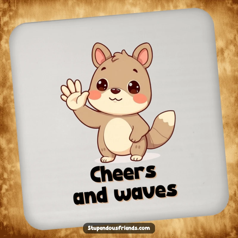 Funny waving animal coaster with a cute creature waving hello, adding a friendly touch to drink protection.