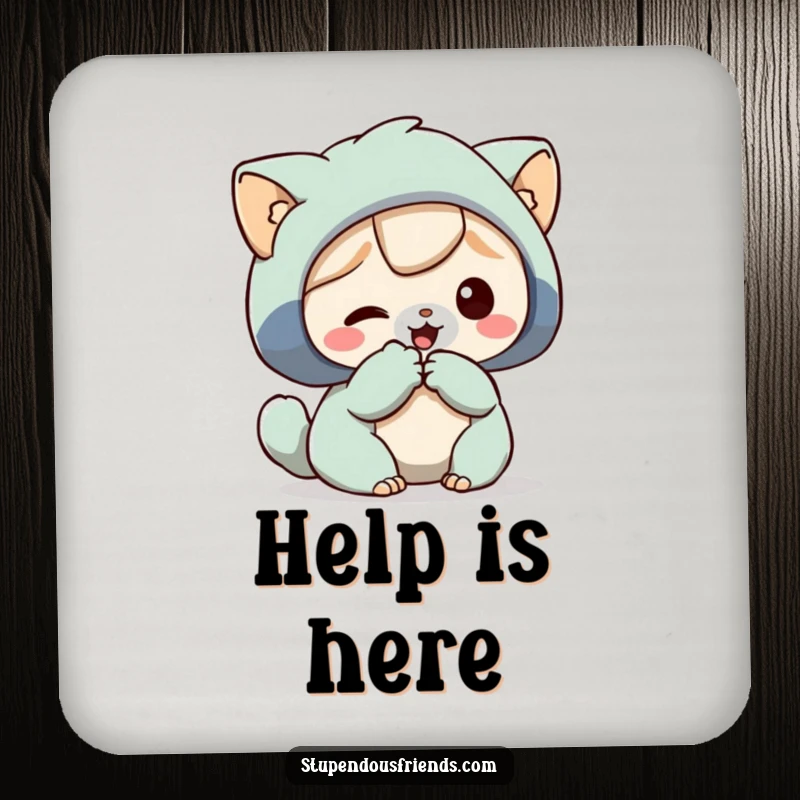 Funny Drink Coaster featuring a character offering a paw to help another, perfect for protecting tables with a message of support.