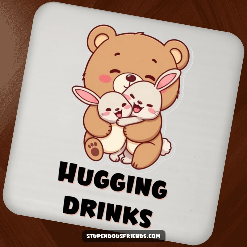 Funny bear and rabbit drink coaster, depicting a bear cheerfully hugging a rabbit, protecting surfaces with warmth.