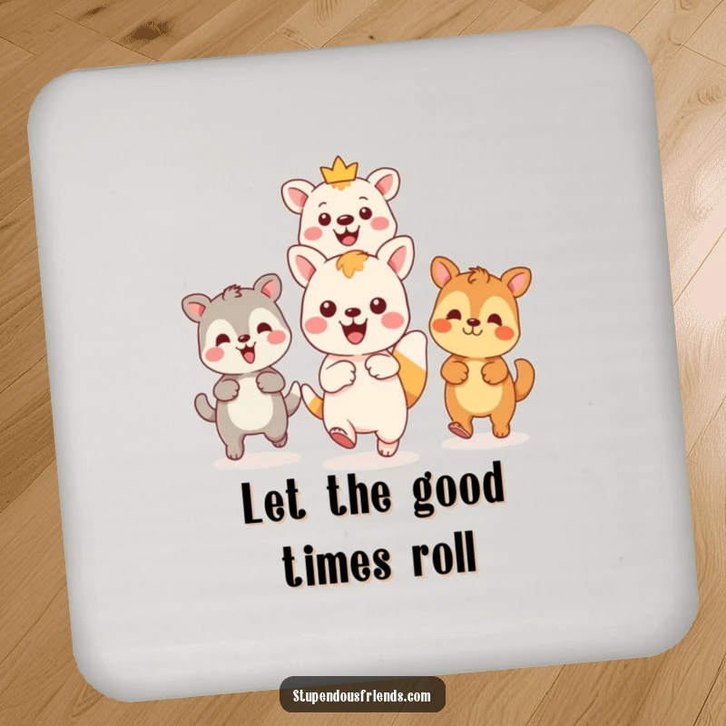 Funny Kawaii animal leading friends on an adventure on protective drink coasters, a humorous and inspiring housewarming gift.