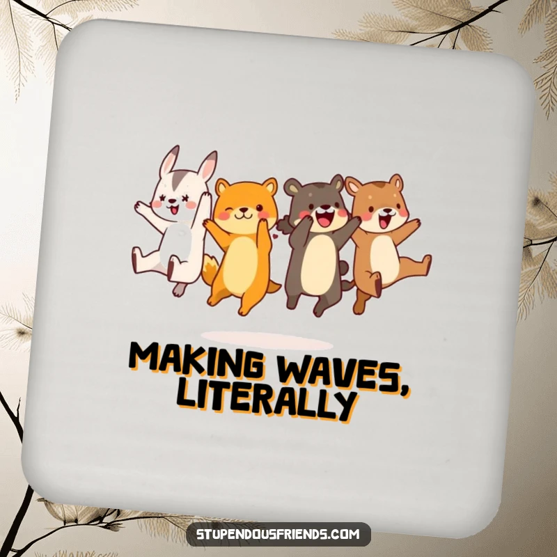 Funny animal characters performing a synchronized leap, a hilarious illustration ideal for a functional and funny drink coaster.