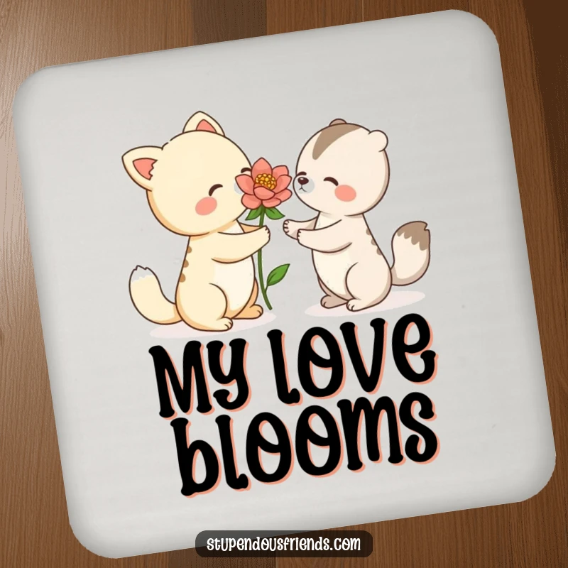 Funny drink coaster showcasing an animal character offering a blooming flower to another, perfect for adding a touch of kindness to any surface.