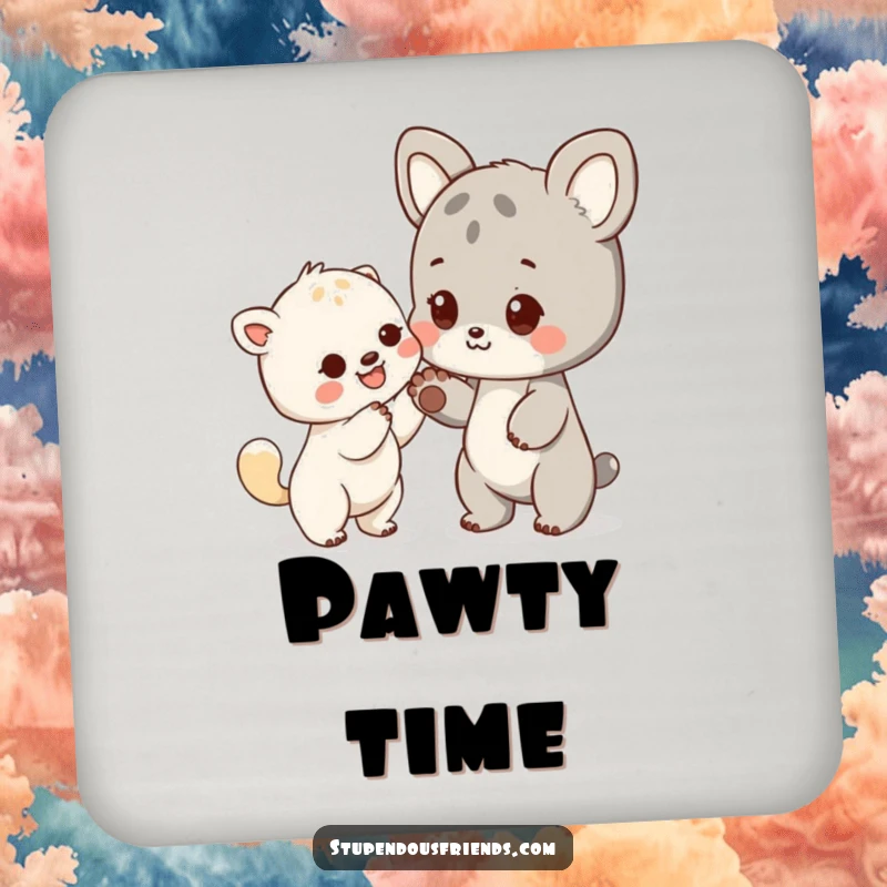 Funny drink coasters with an animal character offering a friendly paw, protecting surfaces with a message of kindness.