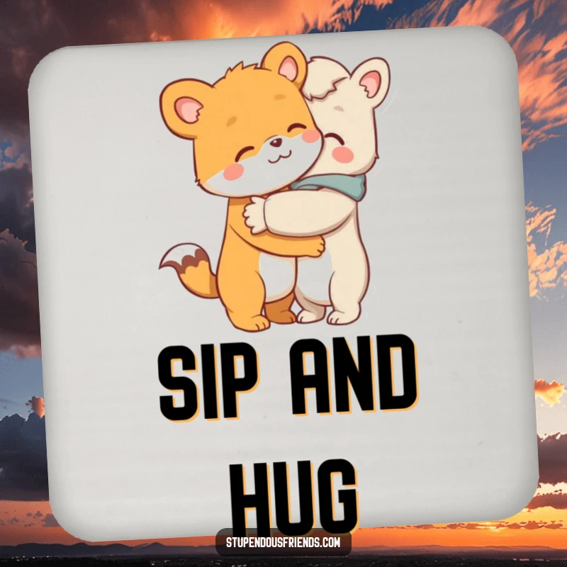 Funny drink coasters featuring an animal character giving a warm, comforting hug to another, protecting surfaces with charm.