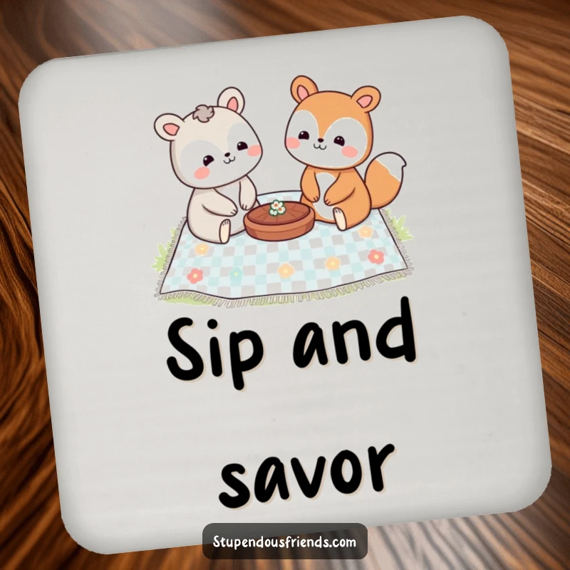 Funny drink coasters illustrating two smiling animal characters enjoying a delightful picnic together on a blanket.