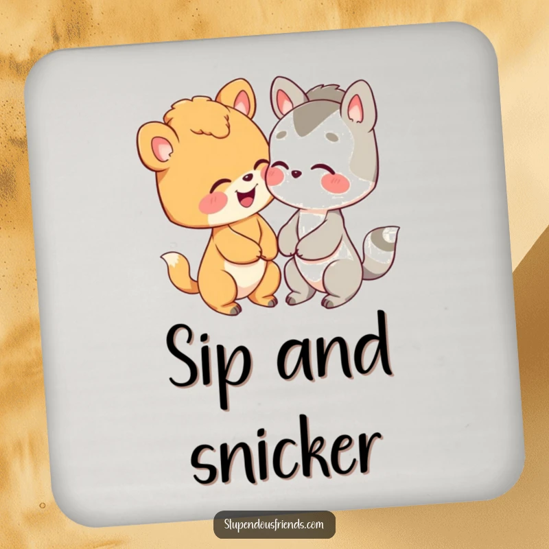 Funny drink coasters with two cute animals sharing a giggle, protecting surfaces with charm and humor.