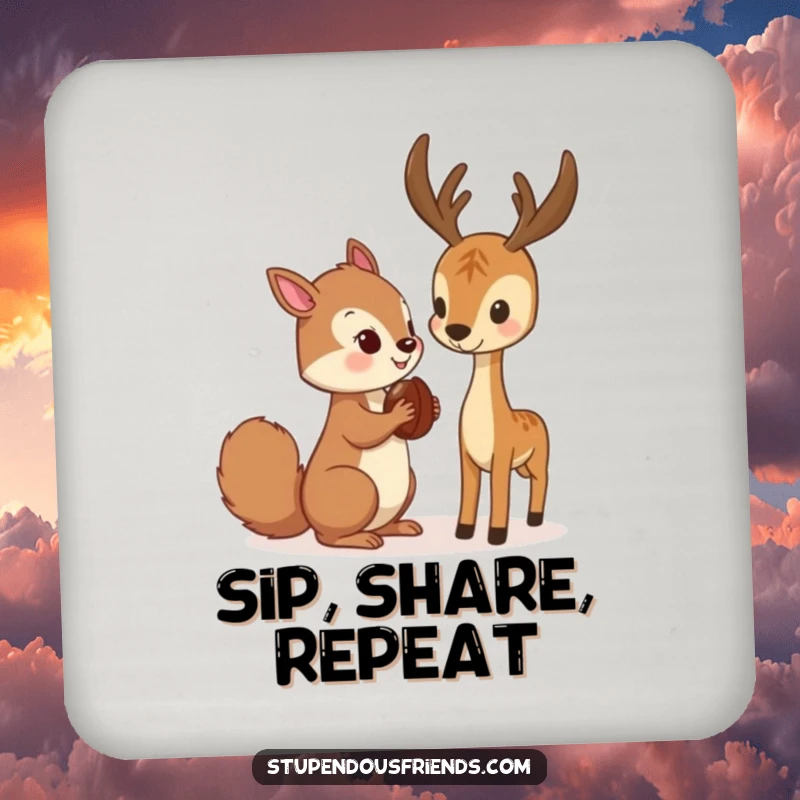 Funny Drink Coaster featuring a squirrel offering a nut to a deer, perfect for protecting tables with woodland charm.