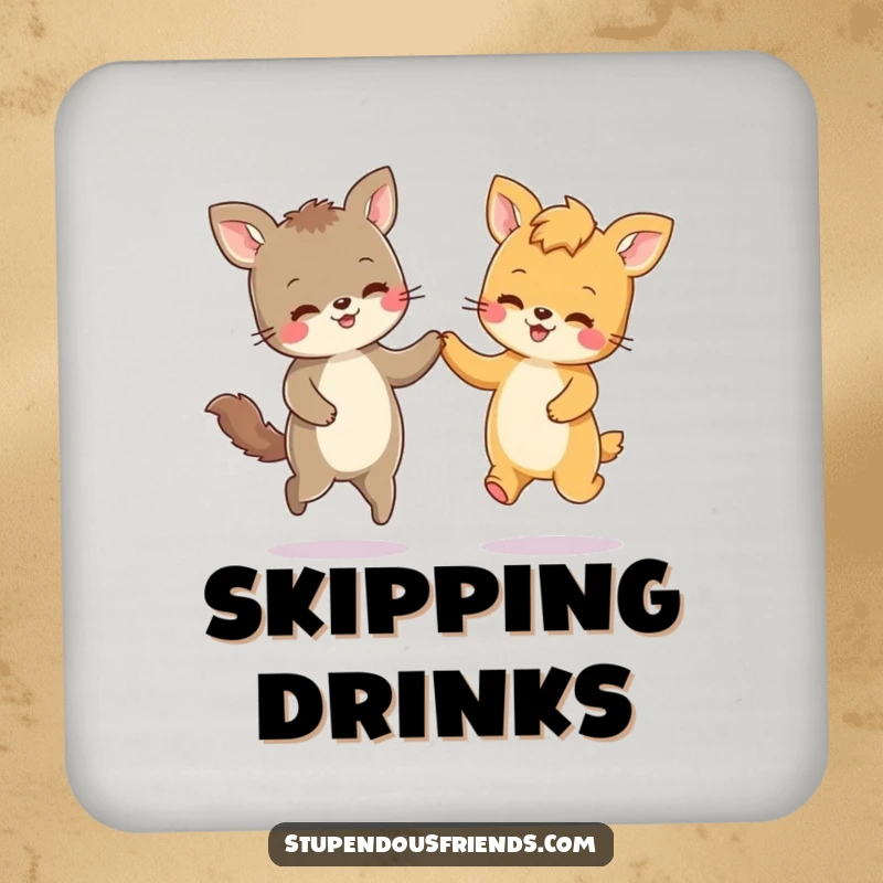 Funny drink coasters featuring two cute animal friends holding paws and skipping playfully, protecting furniture with humor.