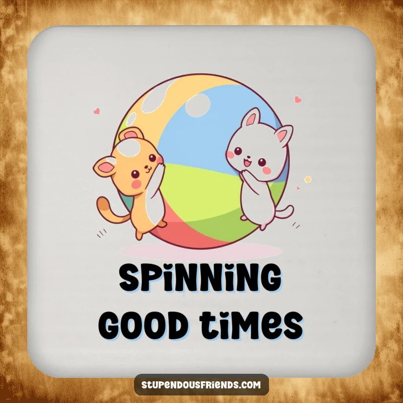 Funny Kawaii animal characters in a spirited chase around a giant ball, featured on protective drink coasters, a humorous housewarming gift.