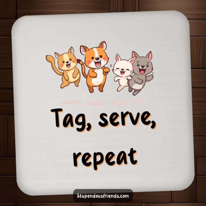 Funny drink coasters featuring animals energetically playing tag, adding humor and fun to any surface.