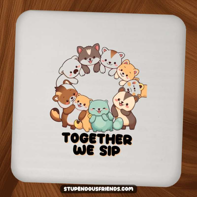 Funny drink coasters with a circle of diverse, smiling animal characters holding paws, protecting surfaces with a touch of humor.