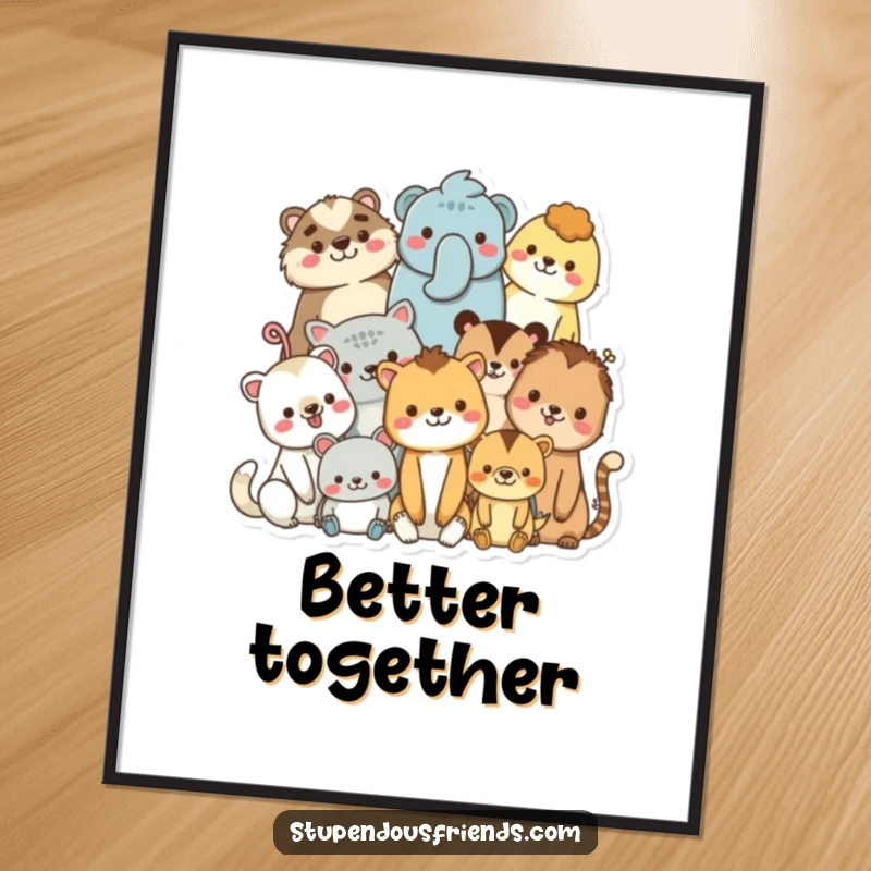 Funny poster depicting a group of diverse, smiling animal characters snuggled together, promoting unity, kindness, and friendship.