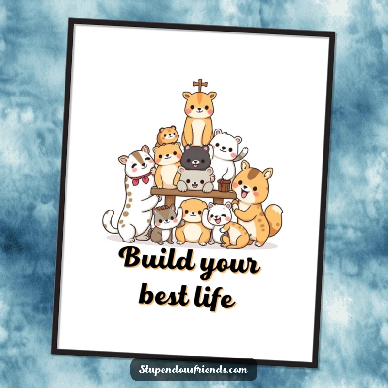 Funny Animal Poster depicting characters joyfully building a structure, symbolizing teamwork and shared effort with a humorous and inspiring artwork.